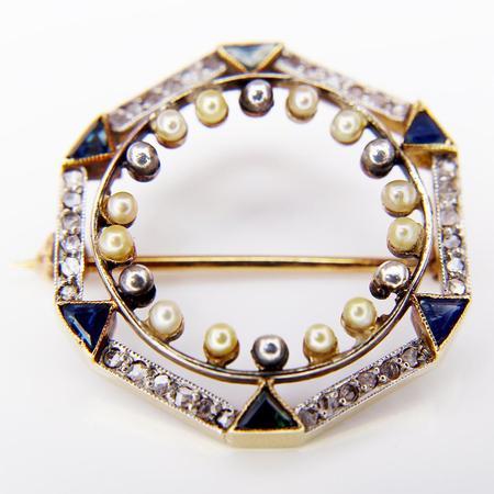 Antique Yellow Gold Sapphire, Diamond, and Seed Pearl Brooch