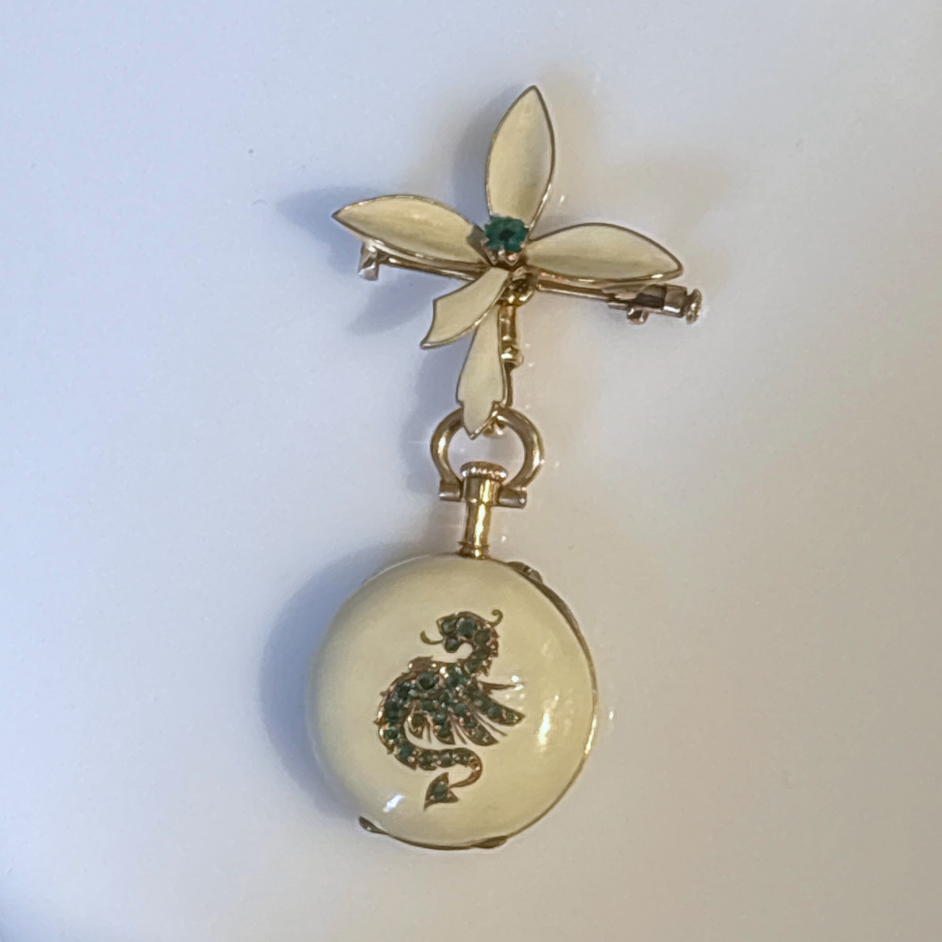 Lady's Antique/Vintage French Pocket Watch w/Emerald Dragon