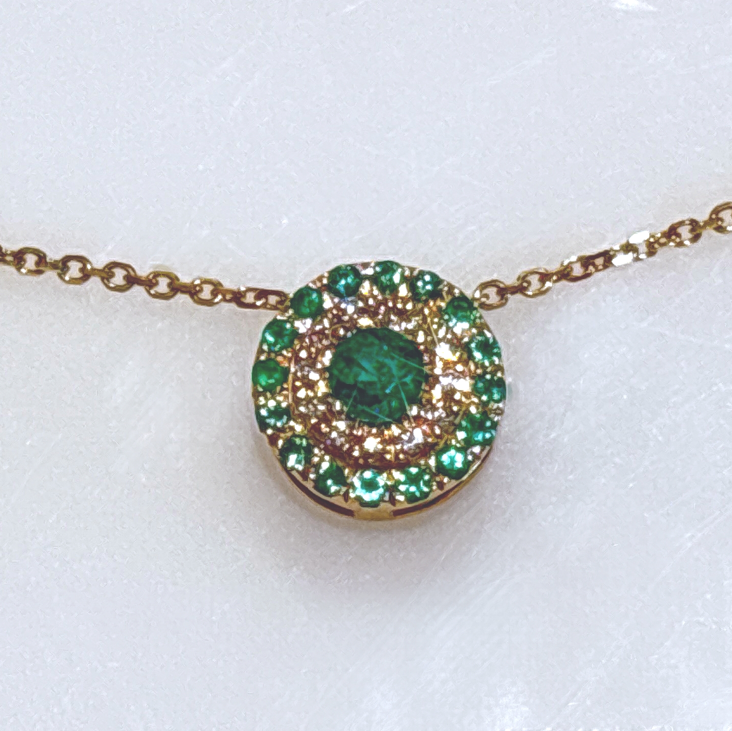 14K Yellow Gold Emeralds Halo Necklace